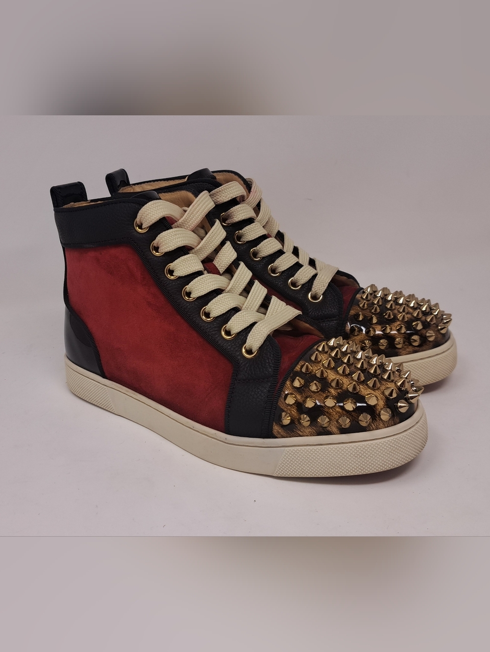 Christian Louboutin Womens High Top Sneakers Shoes spikes Leopard Red 35.5 / 5.5